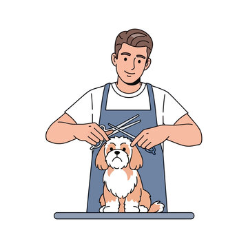 Groomer trims fluffy dog's hair with scissors, pet care, grooming salon, happy owner