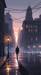 Obraz premium Solitary Figure Walking on Wet City Street at Dusk.