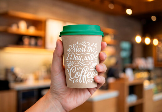 Paper Coffee Cup Mockup In Hand &ndash; Cafe Background