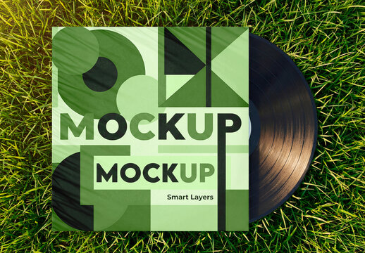 Vinyl Record Cover Mockup On Grass