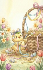 Fototapeta premium Cute Easter chick tying ribbons on wicker basket filled with colorful eggs in spring garden