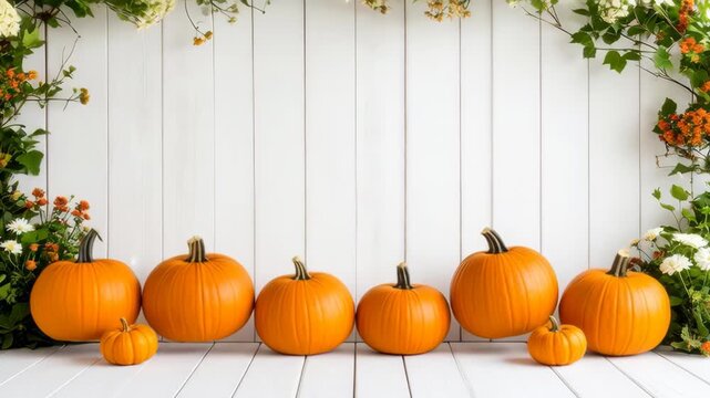 Autumn pumpkins of various sizes on a white wooden floor against a rustic plank wall with floral vines
