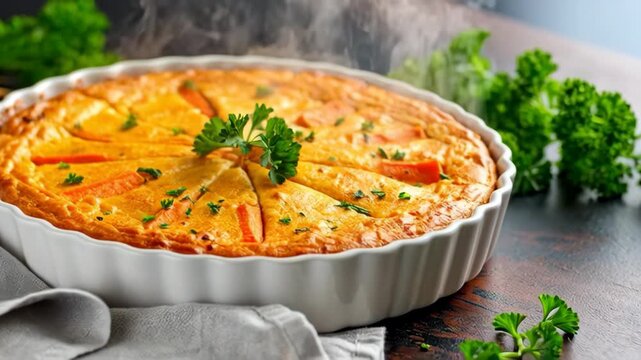 Freshly baked savory carrot tart with steam rising in a white ceramic dish garnished with green parsley
