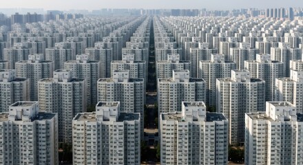 Obraz premium Vast urban landscape with endless concrete residential building blocks. High density living, urban sprawl, population growth concept.