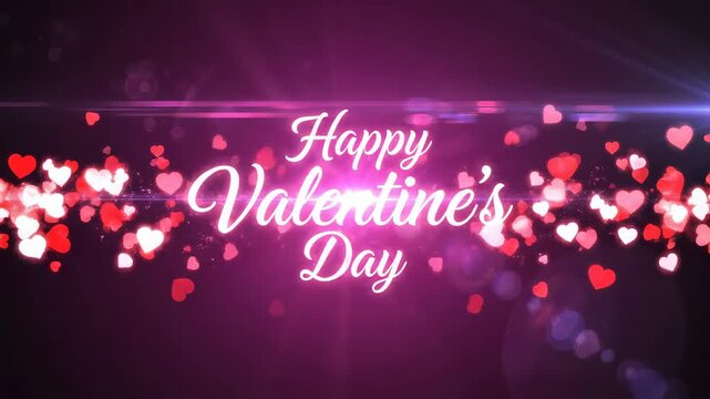 Elegant Valentine's Day message featuring bright white text, pink bokeh hearts, and cinematic light leaks for romantic promotions and digital greetings.