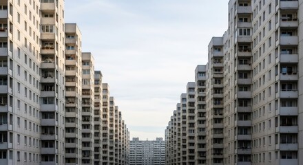 Fototapeta premium Several residential high rise apartment buildings reaching up towards the sky. Modern city architecture housing concept. Mass settlement cityscape.