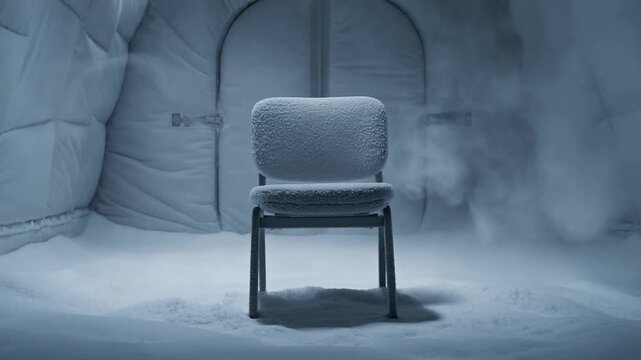 Eerie frozen chair in snowy igloo interior with mysterious atmosphere