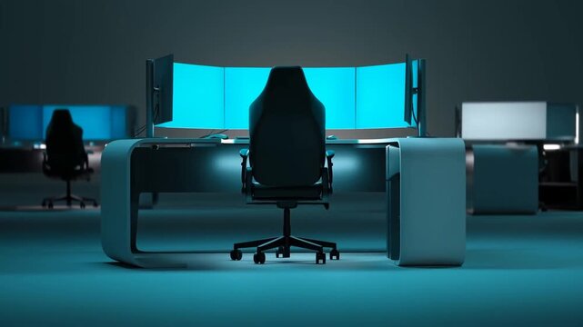Modern office workstation with dynamic lighting and sleek design in motion