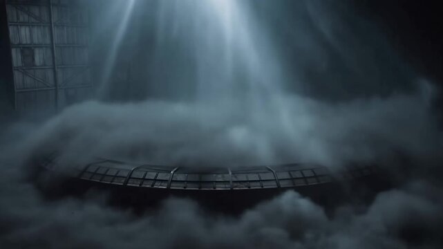 Mysterious ufo emergence in foggy warehouse with dramatic light beams