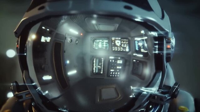 Futuristic space helmet display with dynamic lights and reflections