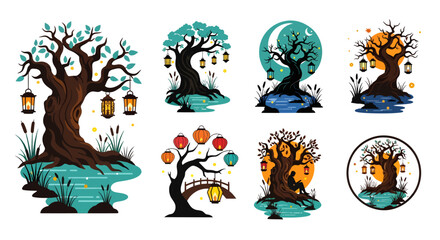 Collection of mystical trees with lanterns and moon a striking silhouette © Silpi
