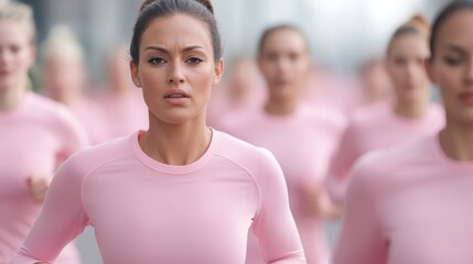 Fototapeta premium a breast cancer survivor crossing the finish line, with supporters cheering and pink confetti in the air