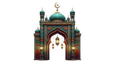 Obraz premium A colorful mosque with a large archway and domes on transparent background