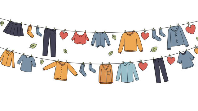 Long clotheslines filled with a variety of colorful laundry including shirts, pants, and sweaters decorated with hearts and leaves.