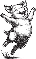 Happy Dancing Pig – Vintage Black and White Engraving Style Illustration