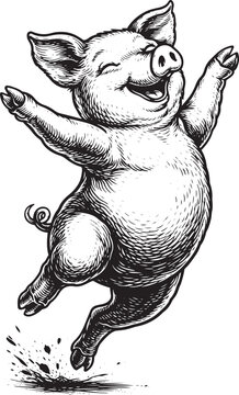 Happy Dancing Pig &ndash; Vintage Black and White Engraving Style Illustration