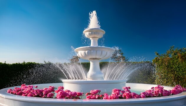 a white fountain with pink flowers in it