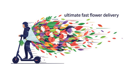 Fototapeta premium An energetic illustration depicts a modern courier on an electric scooter, providing rapid and colorful flower delivery services with speed.