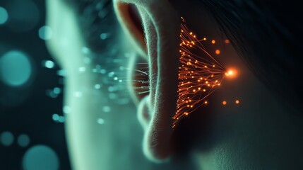 A conceptual image depicts a human ear with digital elements and vibrant lights, merging biology and technology