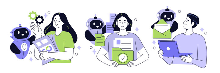 Naklejka premium Character using virtual ai agent algorithms to structure data, improve accuracy, productivity. Automated document processing concept set. Vector illustration.