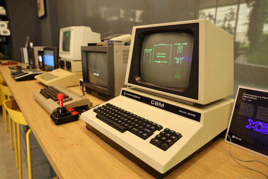BELGRADE, SERBIA - FEBRUARY 23, 2025: Vintage Commodore PET Personal Electronic Transactor model 8032 CBM with Monitor Competition Pro Joystick Mouse. popular Gaming PC in the 80s and 90s. 1980 1982