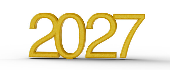 3D render of the year 2027 in gold color on a white background. Perfect for New Year's concepts, future projections, and