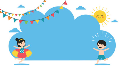Fototapeta premium Joyful children playing outdoors under a smiling sun and large blue clouds with festive flags for a summer celebration.