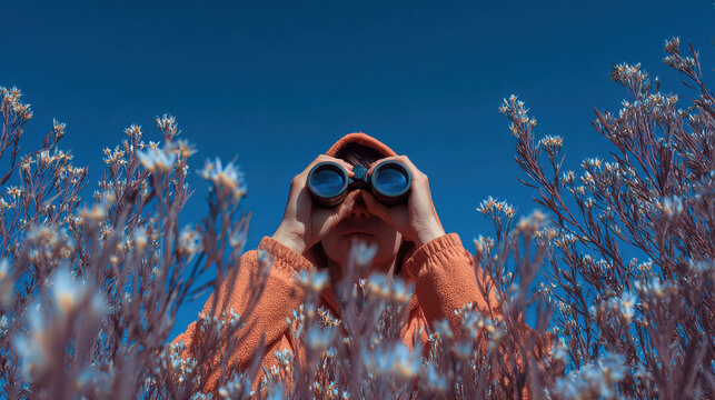 Person with binocular orange hoodie blue sky wildflower field nature exploration outdoor adventure hidden observer spring meadow curiosity travel concept Person with binocular orange hoodie clear