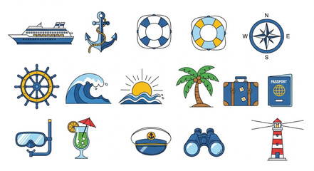 Collection of nautical and travel themed illustrations and icons for design. © emo