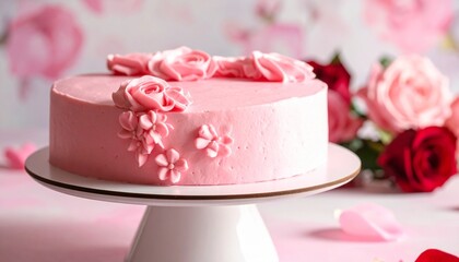 "A round pink frosted cake on a white stand, decorated with buttercream flowers concentrated on one side, set in a pastel floral background with roses, evoking romance, elegance, and celebration."