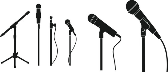Microphones on stands silhouette collection featuring studio, stage and handheld mics isolated for audio recording and live performance © Sumon Creative