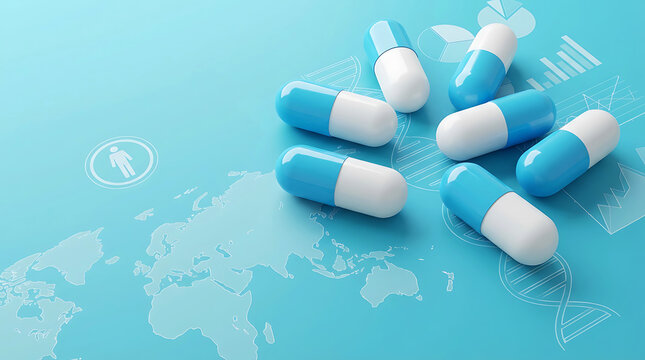 Blue and white capsules on digital medical interface with world map for global healthcare