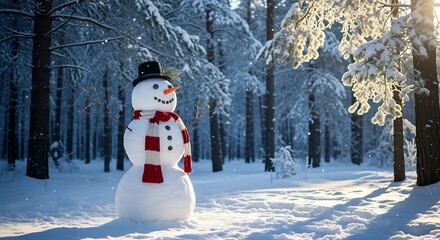 Obraz premium Snowman in Winter Forest with Red Scarf.