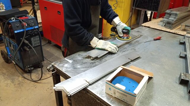 Professional worker sanding stainless steel panel for fire cabinet manufacturing"