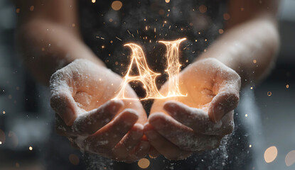 Fototapeta premium Close up of human hands holding glowing artificial intelligence AI text with energy sparks