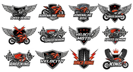 Motorcycle Racing Badges Collection with Wings and Checkered Flags for Speed Enthusiasts. © emo