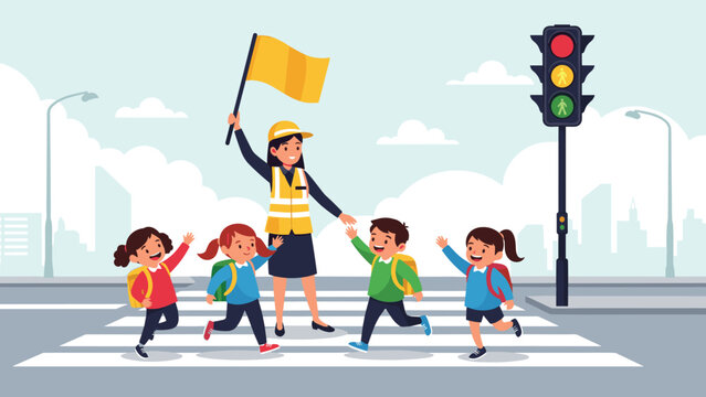 Smiling crossing guard in a high-visibility safety vest holding a flag while school children cross the street at a marked pedestrian walkway.