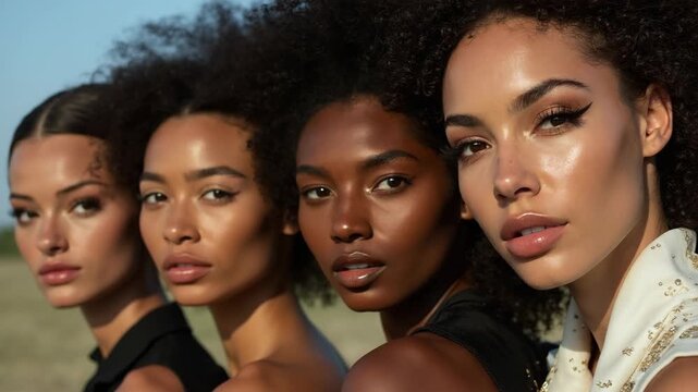 Women friends with different skin types fashion editorial shot, high-fashion imagery, avant-garde aesthetics, editorial storytelling, conveying fashion trends and concepts, artistic i.