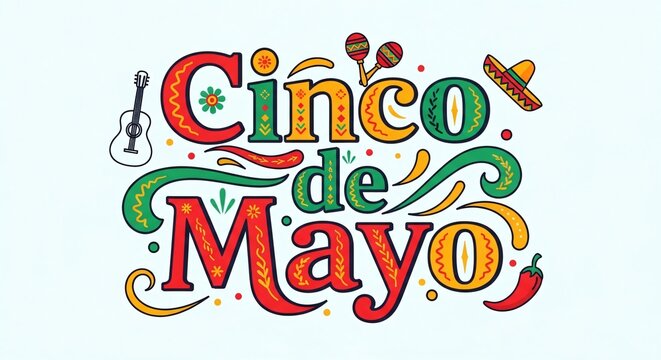 Cinco de Mayo festive colorful text with guitar and maracas
