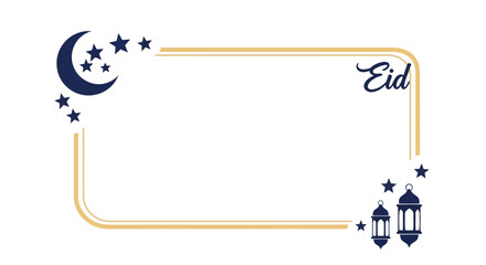 Eid Mubarak vector frame with crescent moon, stars, and lanterns for festive greeting cards