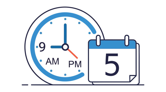 A clock and calendar illustration showing 9 o'clock and the date 5