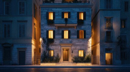 Luxury villa narrow building night city warm light urban street stone facade modern architecture townhouse residential exterior cinematic scene Elegant luxury villa narrow building night city with