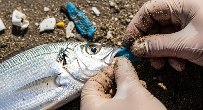 Environmental impact of plastic on marine fish. Close-up of a fish being held with plastic debris in its mouth on a trash-s.