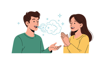 Confident man talking with fresh sparkly breath while a woman beside him looks on admiringly with her hands clasped in genuine appreciation.