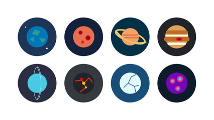 Educational vector set of children style planet icons including Earth, Mars, Saturn, Jupiter. Playful cartoon space graphics for school projects, kids games, and solar system astronomy learning apps. © Imaster