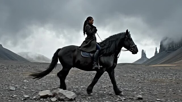 A woman rides a dark horse across a rocky terrain with mountains and a cloudy sky in the background