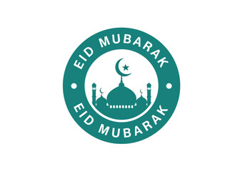 Eid Mubarak vector badge with mosque silhouette and crescent moon for Islamic holiday greetings © artificial_azad!