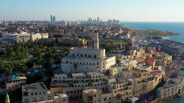 Aerial View of the Ancient Port City of Jaffa and the Mediterranean Coastline, Tel Aviv, Israel