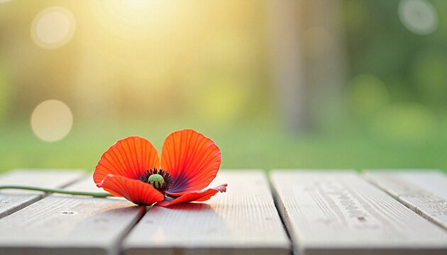 Single Red Poppy Flower on Wooden Table &ndash; Minimal Spring Nature Background