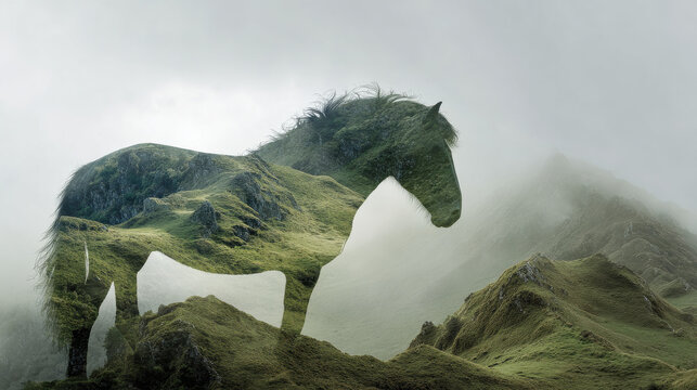 Surreal horse landscape mountain mist fantasy nature double exposure fog green silhouette